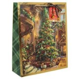 Punga cadou de Craciun cu brad impodobit, folie aurie, 26x10x32 cm, CMCLASS