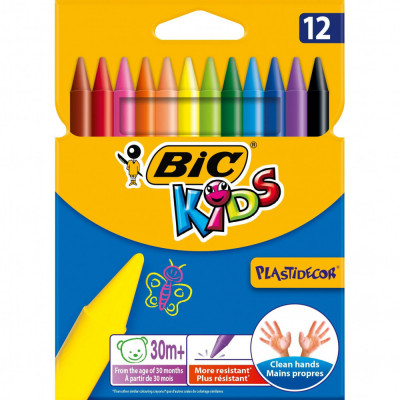 Creioane Cerate Plastifiate Bic Plastidecor, 12 Buc/set, Culori Asortate, Creioane De Colorat, Creion Colorat Cerat, Set Creioane Cerate Plastifiate B foto