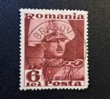Rom&acirc;nia Regat - Regele Carol al II-lea ("Cască cu Pene", 1930&ndash;1938) - 6 LEI Vișiniu cu Ștampilă Poștală "BRAȘOV" (Dintelat, Ștampilat) RO1