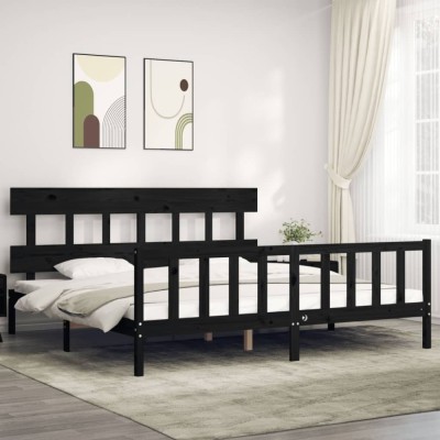 Cadru de pat cu tăblie Super King Size, negru, lemn masiv foto