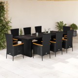 Set mobilier de grădină cu perne, 9 piese, negru, poliratan