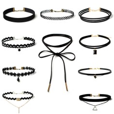 Set 10 coliere choker, Catifea, Negru