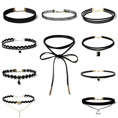 Set 10 coliere choker, Catifea, Negru foto