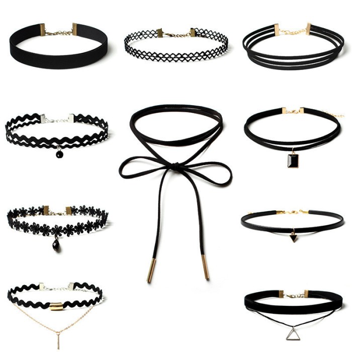 Set 10 coliere choker, Catifea, Negru