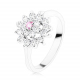 Inel strălucitor - brațe &icirc;nguste, lucioase, floare din zirconii roz și transparente &icirc;ntr-un cerc - Marime inel: 49