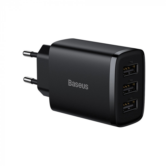 &Icirc;ncărcător de rețea compact 3x USB 17W negru CCXJ020101 Baseus