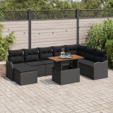 Set de canapele pentru gradina Gossi cu pernute ratan negru poliester acacia, canapea pentru gradina Gossi cu 2 locuri si pernute ratan negru polieste