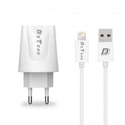 Incarcator Retea (14121) DeTech DE-01C 230V / 5V - 2,1A 2xUSB + Cablu de Date USB Type-C Alb Blister foto