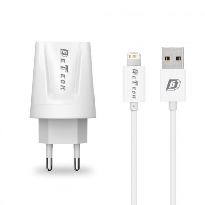 Incarcator Retea (14120) DeTech DE-01i 230V / 5V - 2,1A 2xUSB + Cablu de Date Lightning iPhone 5/6/7 Alb Blister