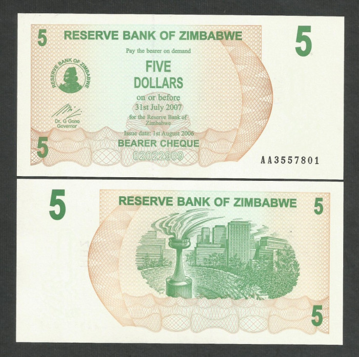 ZIMBABWE 5 DOLLARS DOLARI 2006 2007 UNC [1] P- 38 , necirculata