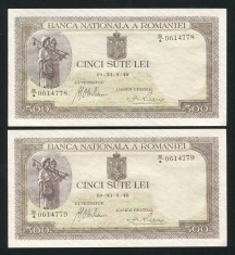 q422 PERECHE CONSECUTIVA 500 LEI 1940 filigran vertical BNR NECIRCULATA UNC