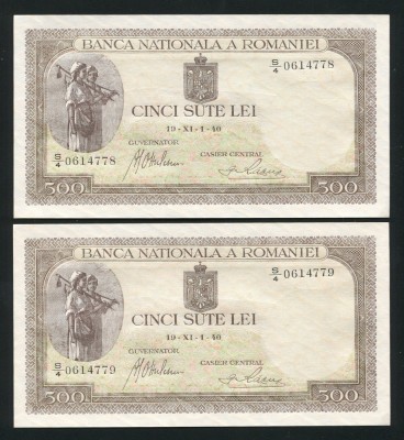 q422 PERECHE CONSECUTIVA 500 LEI 1940 filigran vertical BNR NECIRCULATA UNC foto
