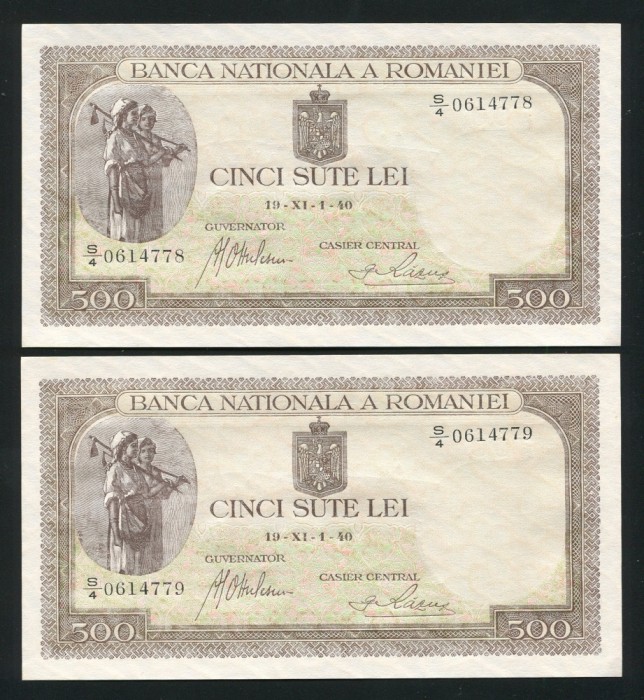 q422 PERECHE CONSECUTIVA 500 LEI 1940 filigran vertical BNR NECIRCULATA UNC