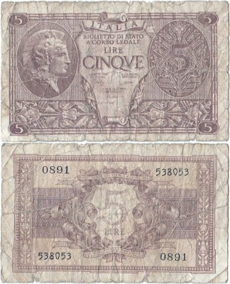 1944 (23 XI), 5 lire (P-31c) - Italia! foto
