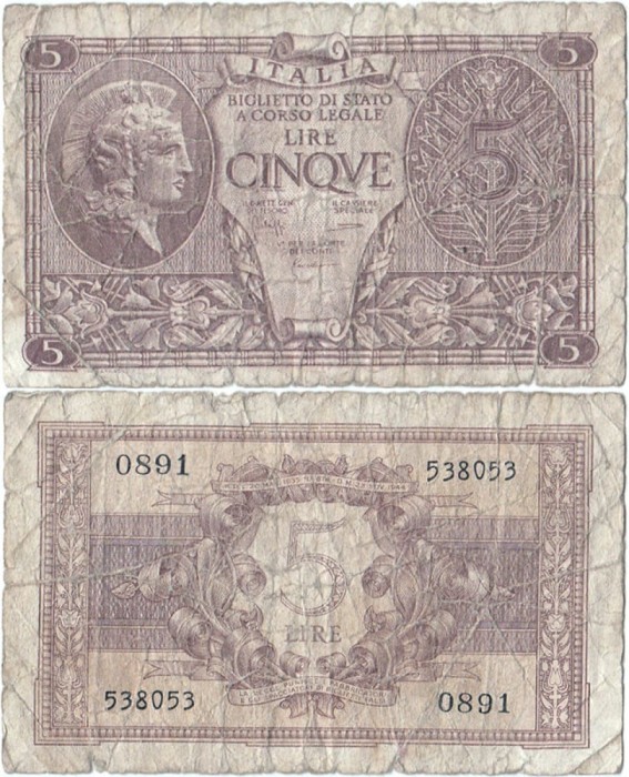 1944 (23 XI), 5 lire (P-31c) - Italia!