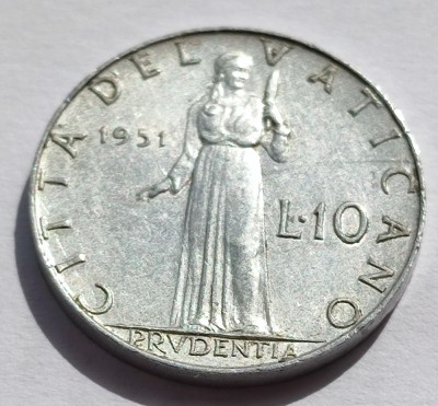 962. Moneda Vatican 10 lire 1951 (AN) (Al 260-lea Papa Pius al XII-lea) foto