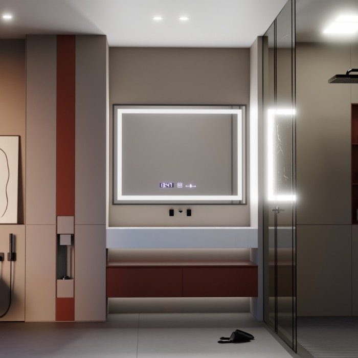 Oglinda LED Rectangulara, 80x60cm, Verite Majeste Noir Motion Glow Marcello, Sistem Dezaburire, Ceas &amp; Termometru, Dimabila ModernLight Concept