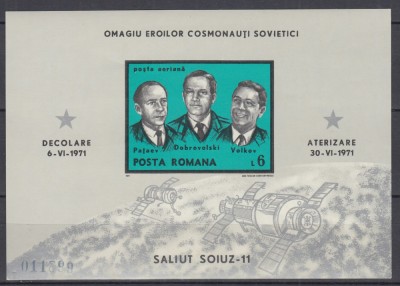ROMANIA 1971 LP 771 SOIUZ 11 COLITA NEDANTELATA MNH foto