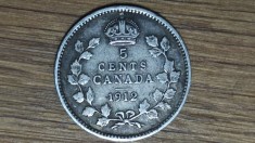 R08 Canada - moneda de colectie rara - 5 cents 1912 argint sterling - King George V - primul an de batere !