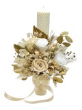 Lumanare tip fagure,cu aranjament floral alb-auriu, pentru cununie botez, 42 cm, cu flori criogenate si plante uscate (personalizabila cromatic si cu
