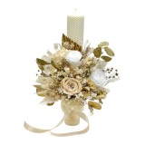 Lumanare tip fagure,cu aranjament floral alb-auriu, pentru cununie botez, 42 cm, cu flori criogenate si plante uscate (personalizabila cromatic si cu