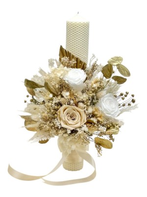 Lumanare tip fagure,cu aranjament floral alb-auriu, pentru cununie botez, 42 cm, cu flori criogenate si plante uscate (personalizabila cromatic si cu foto