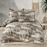Lenjerie pat dublu,bumbac ranforce,4 piese,bej cu desene,RNFN252