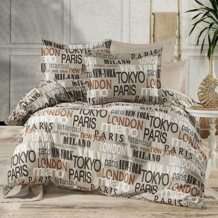Lenjerie pat dublu,bumbac ranforce,4 piese,bej cu desene,RNFN252
