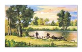Cumpara ieftin Tablou cu pescari norocosi pictat manual, Apus de soare, 100x60cm ulei pe panza, Constantin Feraru