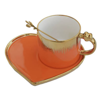 Cana ceramica cu farfurie in forma de inima si lingurita Pufo Desire pentru cafea sau ceai, 180 ml, portocaliu foto