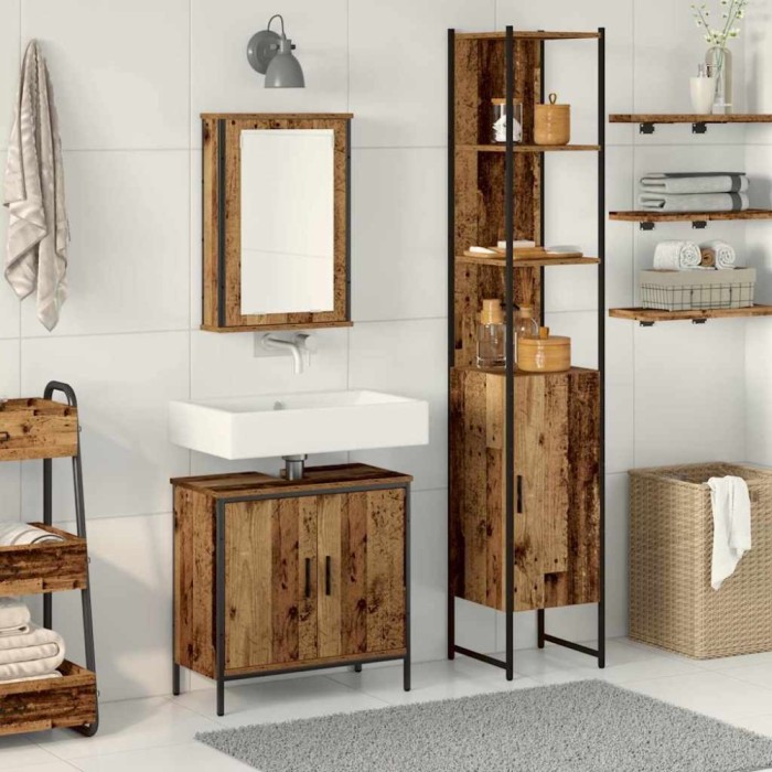 Set de Mobilier pentru Baie 3 Piese Lemn Vechi Lemn Ingineresc