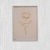 Tablou trandafir, sculptura din fir continuu de sarma placata cu aur, 22&times;31 cm, rama alba