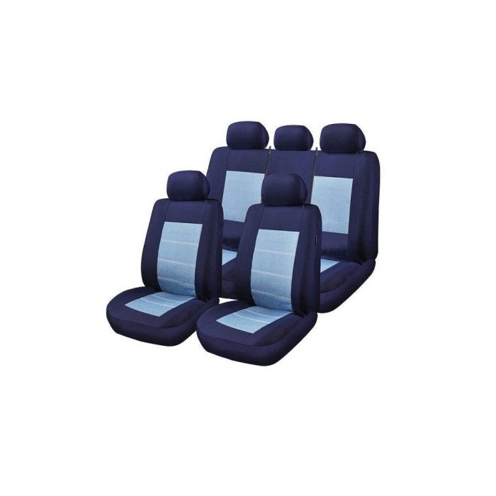 Set Huse Scaune Auto pentru Ssangyong Korando - RoGroup Blue Jeans, cu fermoare pentru bancheta rabatabila, 9 piese