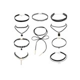 Set 10 Coliere Choker Negre Elegante Ajustabile Femei, Textil, Sistem Inchidere Lobster, Fara Pietre