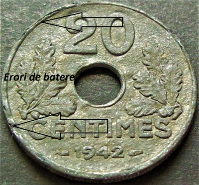 Moneda istorica 20 CENTIMES - FRANTA, anul 1942 * cod 2914 = exfoliere foto