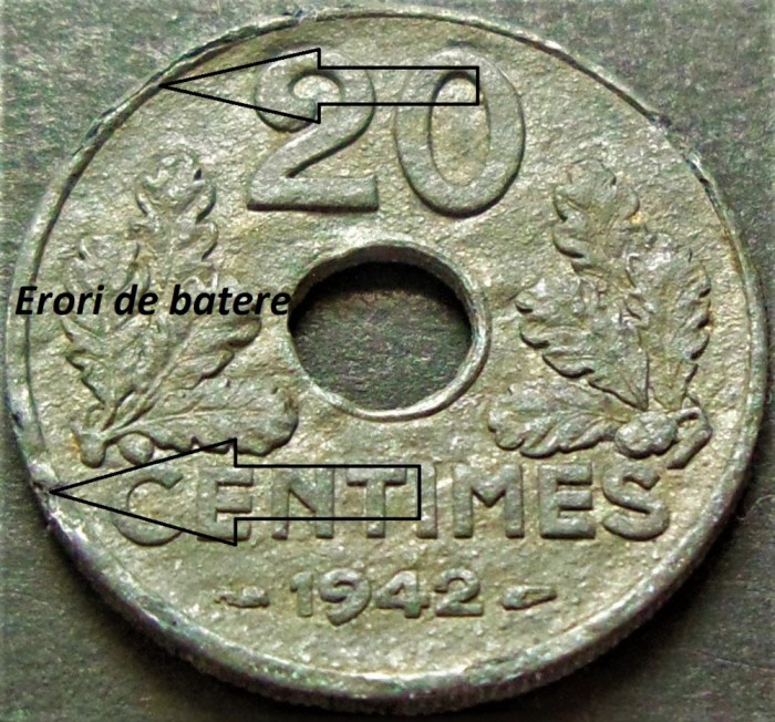 Moneda istorica 20 CENTIMES - FRANTA, anul 1942 * cod 2914 = exfoliere