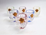 Set 6 Pahare vtg Shot Aperitiv Palinca Cristal presat multicolor 5 cm nefolosite