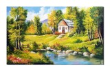 Cumpara ieftin Tablou peisaj de vara pictat manual, La casuta de langa lac, colt de rai, 100x60cm ulei pe panza Constantin Feraru