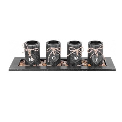 Suport 4 lumanari, model HOME, lemn si pietre naturale, negru, 39x12.5x10 cm, Magic Home foto