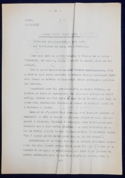 GEO BOGZA - APARAT PENTRU TAIAT PARUL DIN NAS - ARTICOL PENTRU ZIAR , DACTILOGRAFIAT , CU CORECTURILE, MODIFICARILE SI ADAUGIRILE OLOGRAFE ALE AUT