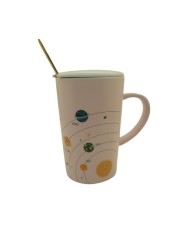 Set cana cu capac si lingurita, Design Planete, Multicolor, 300 ml, Ceramica