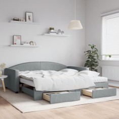 vidaXL Pat de zi cu extensie și sertare, gri deschis 100x200 cm textil