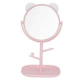 Cumpara ieftin Oglinda cosmetica, model cu urechi, rotativa 360 , diametru 15 cm, plastic, suport pentru bijuterii, 30 x 16.5 cm, alb roz