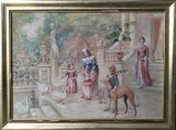&quot;La curtea reginei&quot; - pictură veche pe p&acirc;nză, nesemnată, Scene gen, Ulei, Realism