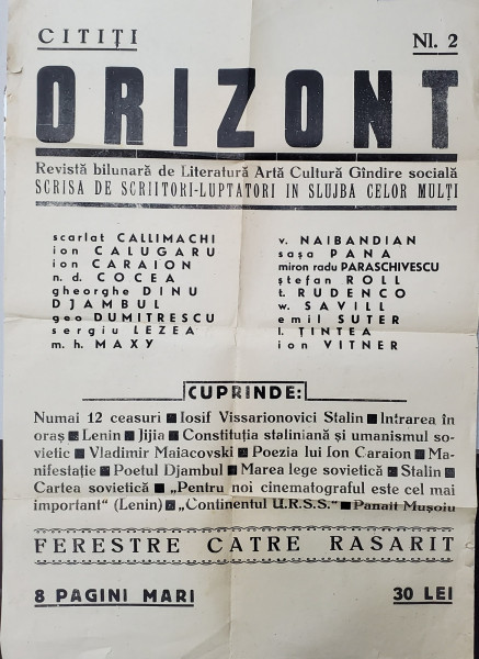 AFIS DE RECLAMA AL REVISTEI de AVANGARDA &#039;&#039; ORIZONT &#039;&#039; , REVISTA BILUNARA DE LITERATURA , ARTA , CULTURA , GANDIRE SOCIALA , 1944