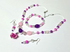 Reducere ! Set elegant roz, trandafir, colier, bratara, cercei, margele sticla foto