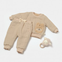 Set bluza dublata si pantaloni Ursulet, Winter muselin, 100% bumbac - Apricot, BabyCosy (Marime: 12-18 Luni)