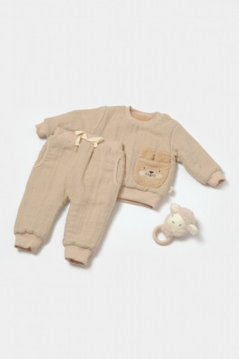 Set bluza dublata si pantaloni Ursulet, Winter muselin, 100% bumbac - Apricot, BabyCosy (Marime: 12-18 Luni) foto