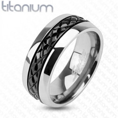 Verighetă lucioasă din titan de culoare argintie, crestături transversale pe o bandă neagră, 8 mm - Marime inel: 65