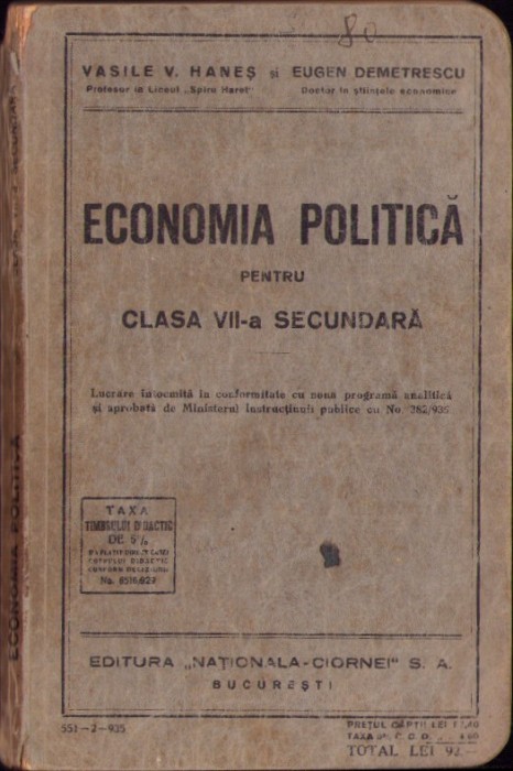C8221N Economia politică pentru clasa VII-a secundată de Vasile Haneș și Eugen Demetrescu, 1935